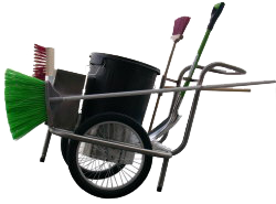Carrito de barrendero de un cubo para la limpieza de calles. En la imagen equipa un cubo de polietileno, cepillo barrendero, escoba viaria, escobijo barrendero y pala de aluminio con mango de fibra de vidrio. 